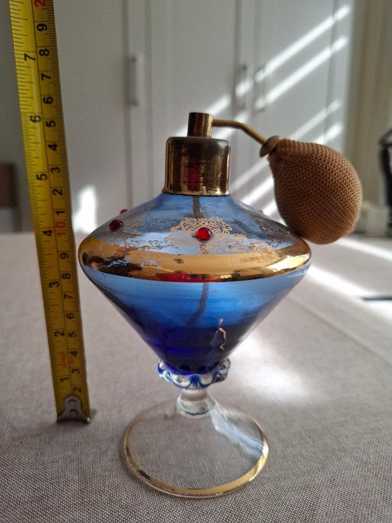 Sier Parfumfles, blauw glas met verstuiver, Ophalen of Verzenden
