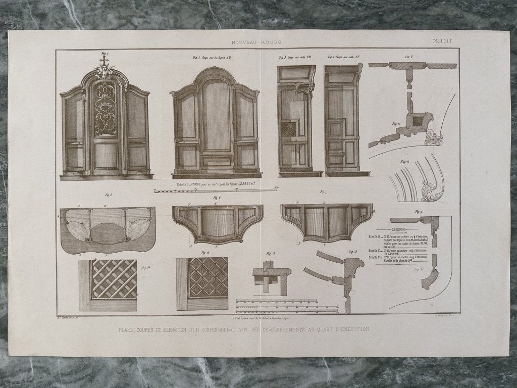 Extra grote antieke litho, 1900, biechtstoel, houtbewerking, 1800 - 1899, Verzenden, 62 cm, Blanco verso