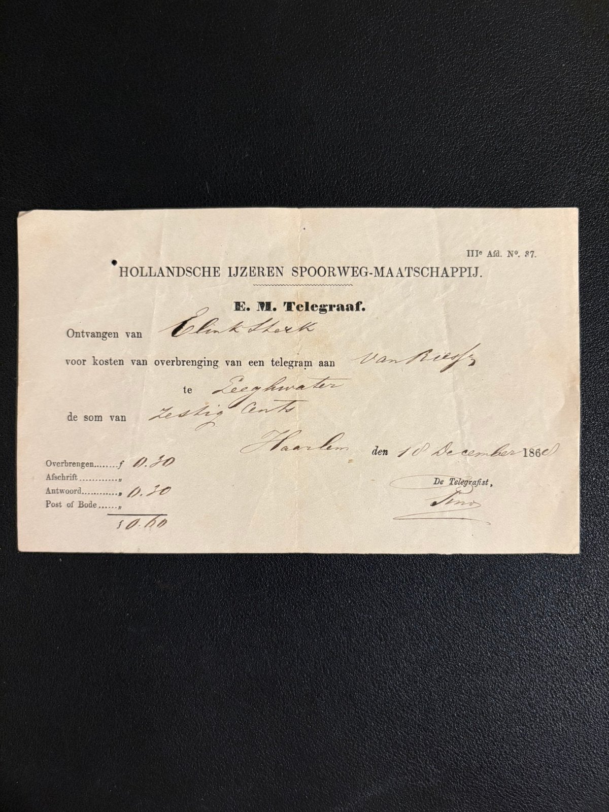 Kwitantie HIJSM verzenden telegram (18 december 1868), Ophalen of Verzenden, Gebruikt, Trein