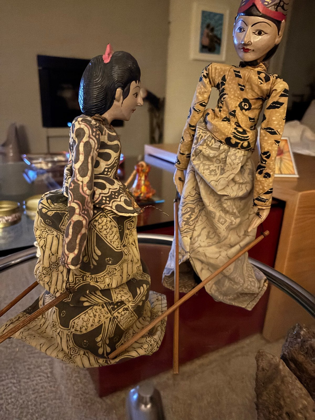 Set van 2 Indonesische Wayang Golek poppen, Hout, Handgemaakt, Ophalen of Verzenden, Indonesië