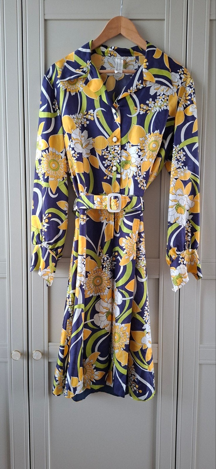 Vintage Franse jurk jaren '60 met bloemenmotief, Maat 38/40 (M), Meerkleurig, Ophalen of Verzenden, Gedragen