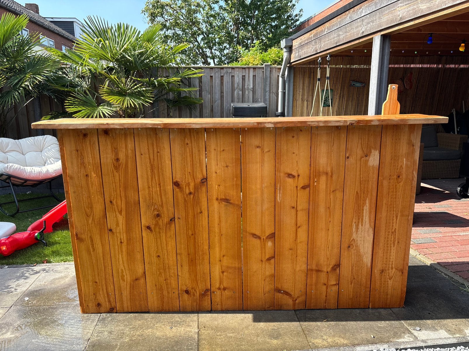 Houten bar met 4 barstoelen, Ophalen, Gebruikt, Inclusief barstoelen