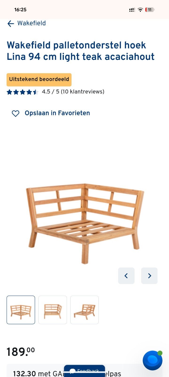 Wakefield palletonderstel hoek Lina light teak acaciahout, Ophalen, Teakhout, Nieuw, Loungeset