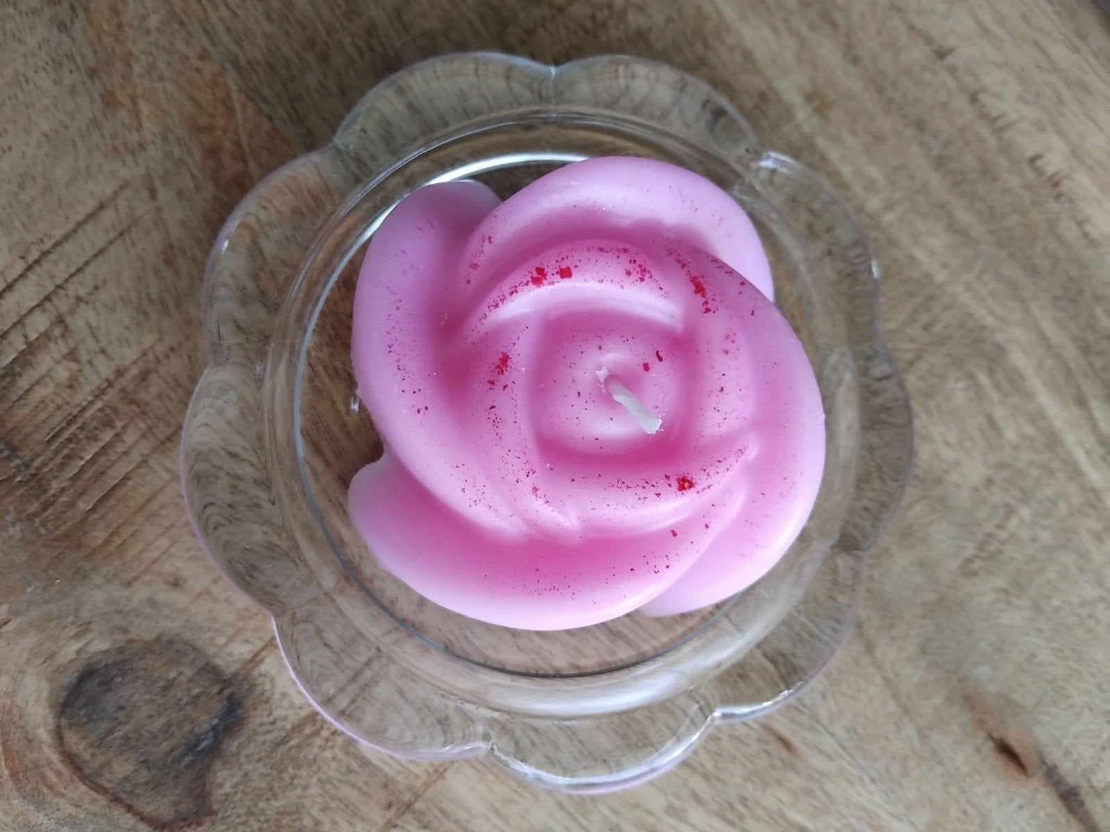 Roze roos kaars in glazen schaaltje, Ophalen, Roze, Kaars, Was