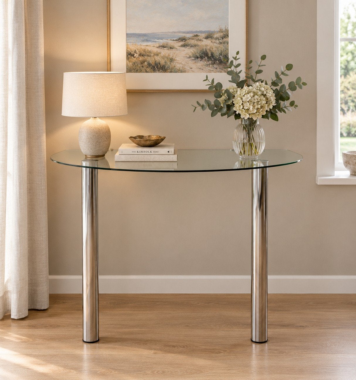 Glazen sidetable / wandtafel met RVS poten (122 cm breed), Ophalen, 100 tot 150 cm, 50 tot 75 cm, Glas