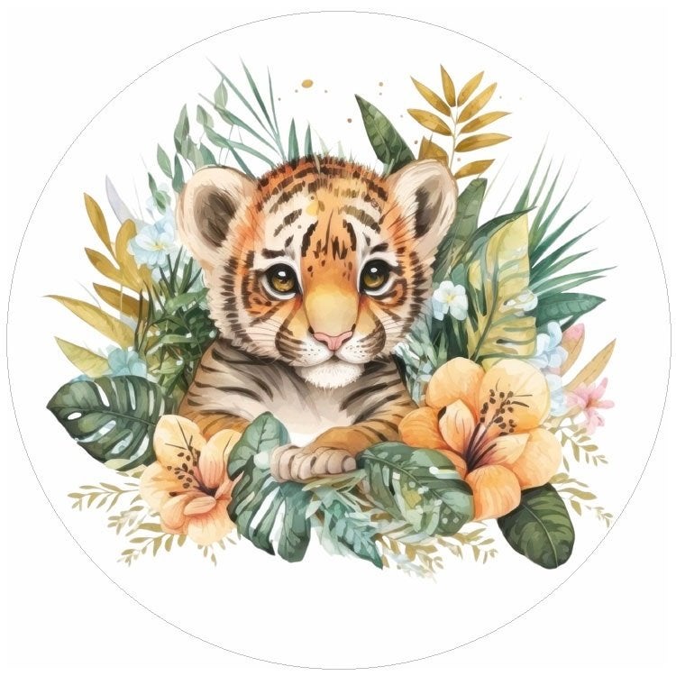 Tijger muurcirkel Welpje met bloemen, leeuw, Muurdeco4kids, Verzenden, Nieuw