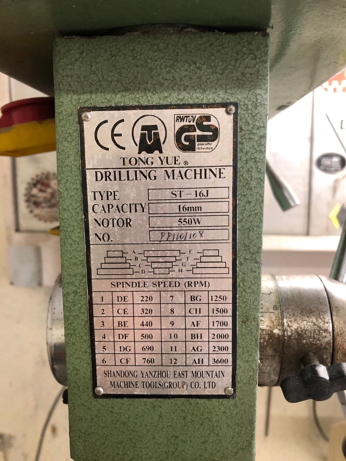 Tong Yue Kolomboormachine ST-16J - 550W, Doe-het-zelf en Verbouw, Gereedschap | Boormachines, Ophalen, Gebruikt, 600 watt of meer