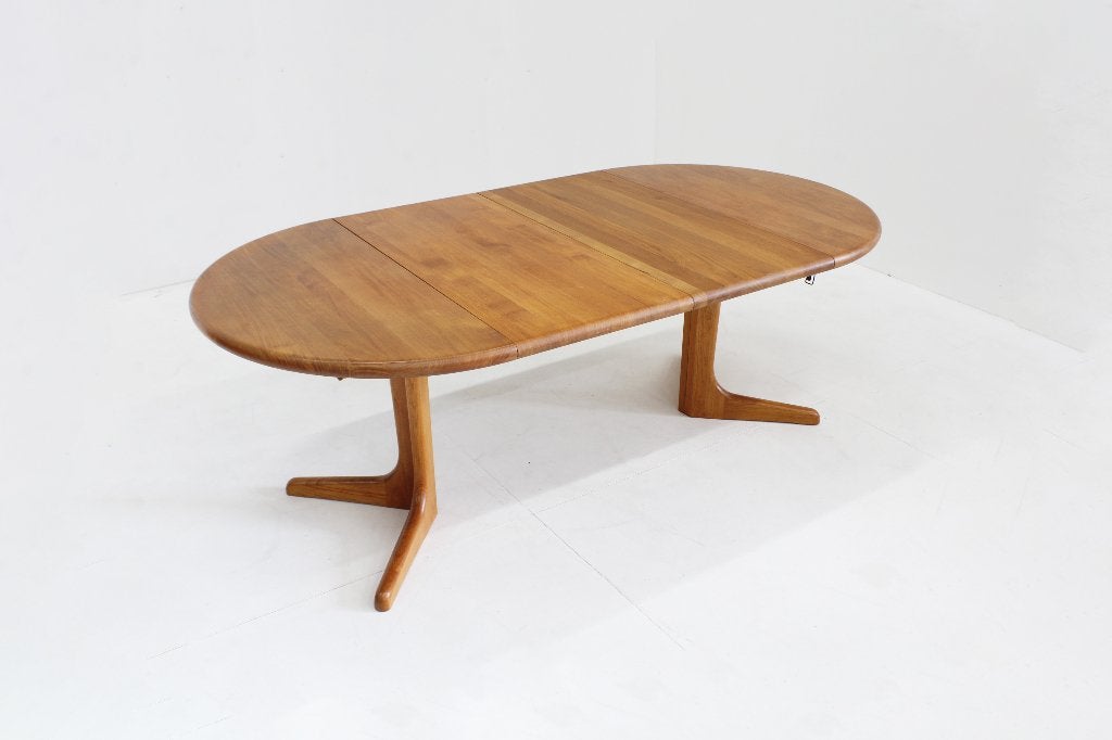 Vintage ronde uitschuifbare eettafel tafel massief teak, Ophalen, Gebruikt, 100 tot 150 cm, 200 cm of meer