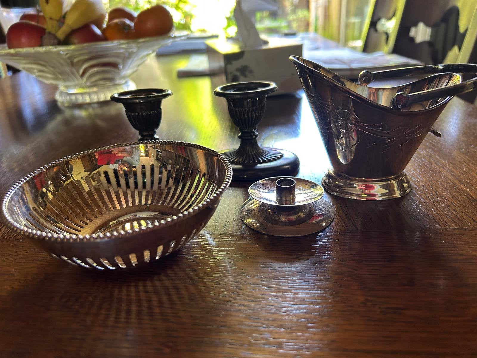 Verzilverde kandelaars, schaaltje, mandje en vaasjes, Antiek en Kunst, Antiek | Schalen, Ophalen