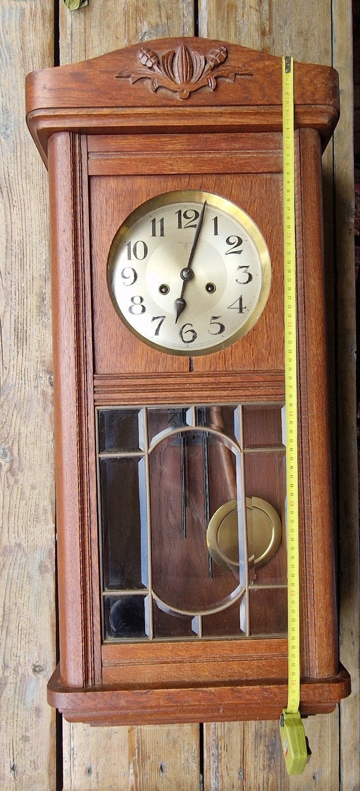 Antieke houten regulateur wandklok met koperen slinger, Ophalen