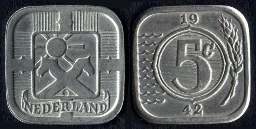Nederland : 1942 - vierkante stuiver, Postzegels en Munten, Munten | Nederland, Verzenden, Koningin Wilhelmina, 5 cent, Losse munt