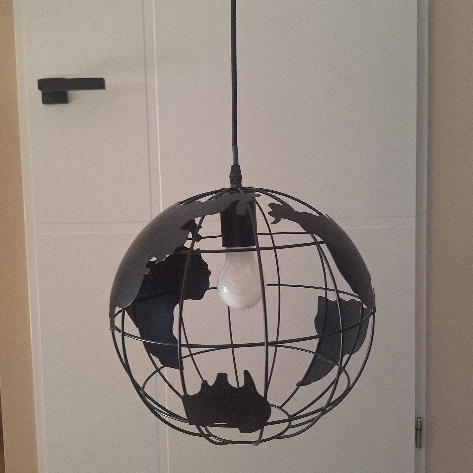 Hanglamp wereldbol zwart metaal, Ophalen, Gebruikt, E27 (groot), Metaal