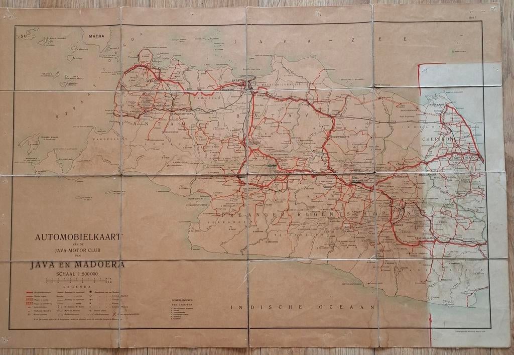 Automobielkaart vd Java Motor Club v Java en Madoera, Ophalen of Verzenden, Gelezen, 1800 tot 2000, Landkaart
