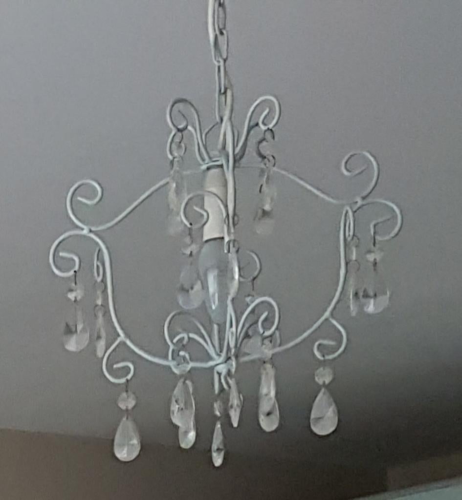 Vintage lichtblauwe Kroonluchter met Kristallen Hangers, Ophalen of Verzenden, Gebruikt, Glas, Vintage, Klassiek, Romantisch