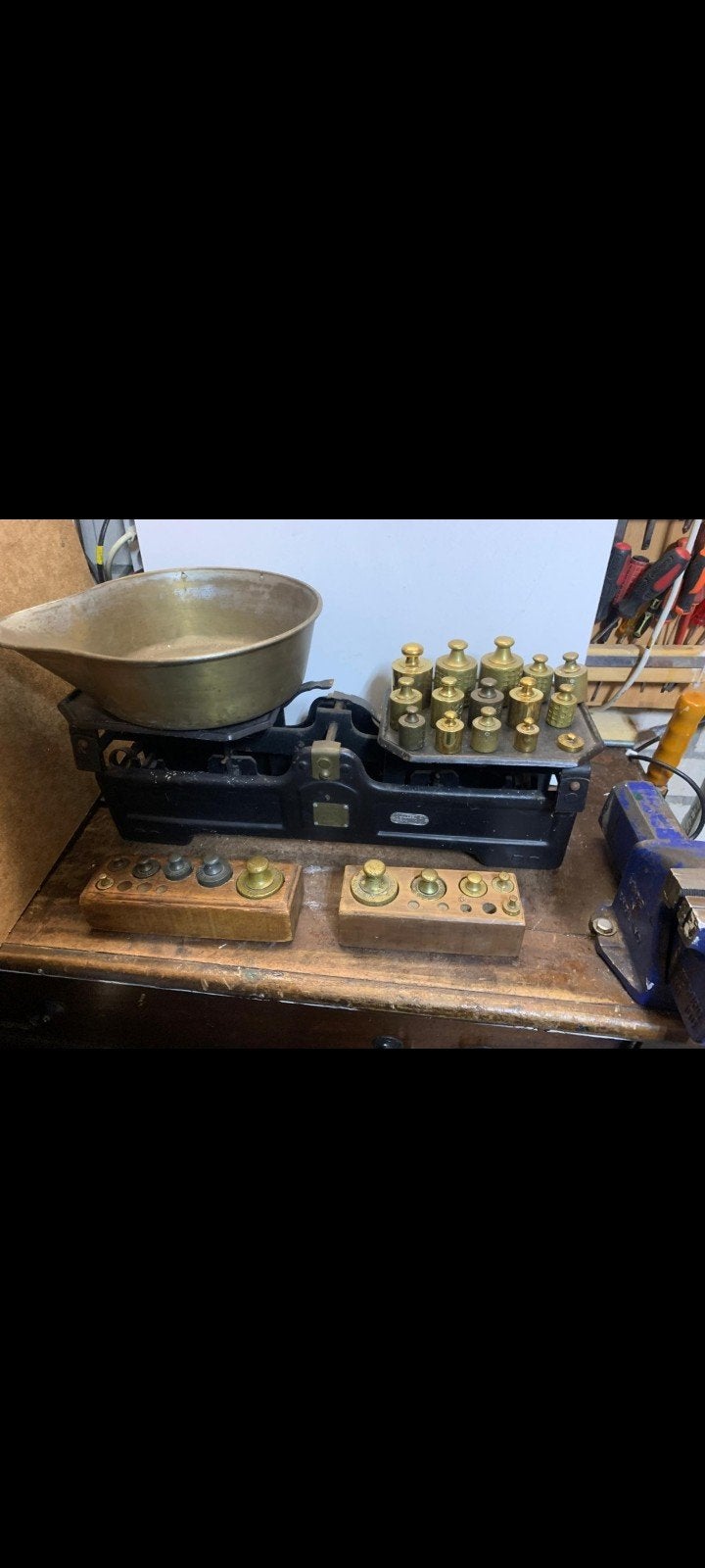 Oude weegschaal met gewichten, Witgoed en Apparatuur, Weegschalen, Ophalen, 500 gram of grover, Personenweegschaal, Minder dan 10 kg