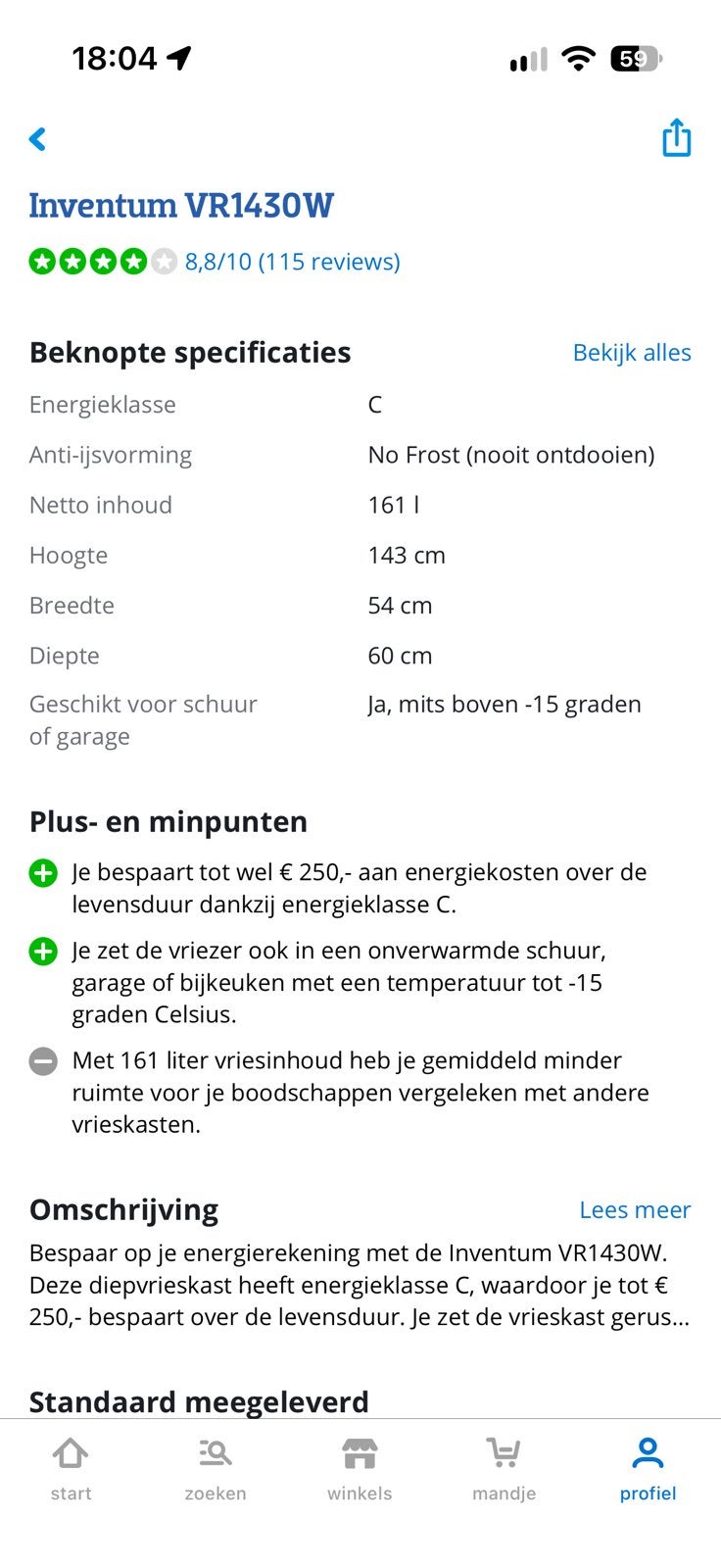 Inventum VR1430W diepvrieskast, Ophalen, Zo goed als nieuw, Minder dan 60 cm, 160 cm of meer