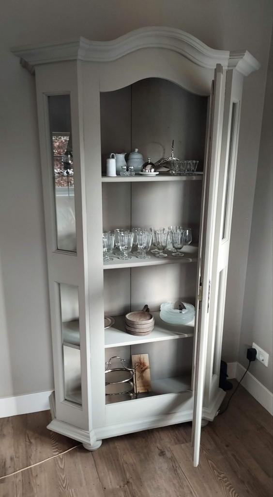 Brokante vitrine kast..grijs, Ophalen, 100 tot 150 cm, Zo goed als nieuw, 150 tot 200 cm