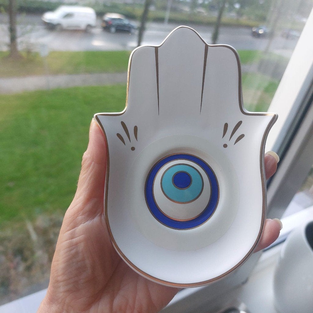 Porcelain schaaltje Hand van Fatima(Chamsa)blauw oog,17x10cm, Huis en Inrichting, Ophalen of Verzenden, Zo goed als nieuw