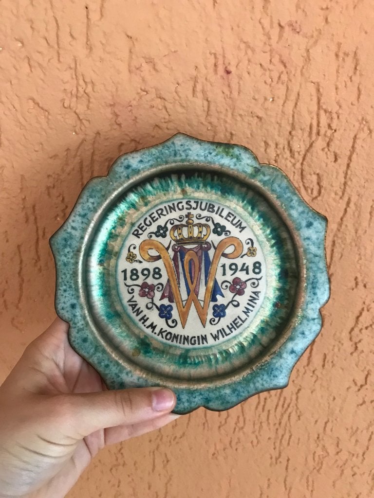 Vintage antiek wandbord koper geëmailleerd Wilhelmina 1948, Ophalen of Verzenden