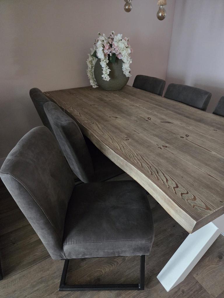 Robuuste houten eettafel + 6 eetkamerstoelen, Ophalen, Gebruikt, 200 cm of meer, 50 tot 100 cm