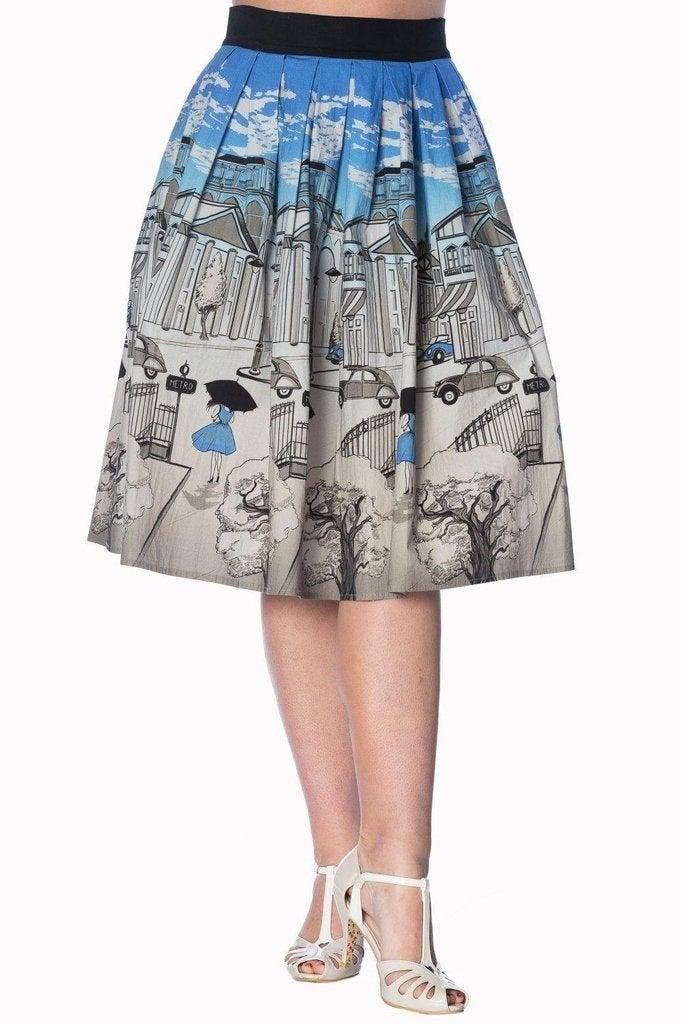 Vintage-stijl rok met Parijse stadsprint, Banned retro, Nieuw, Knielengte, Maat 36 (S)