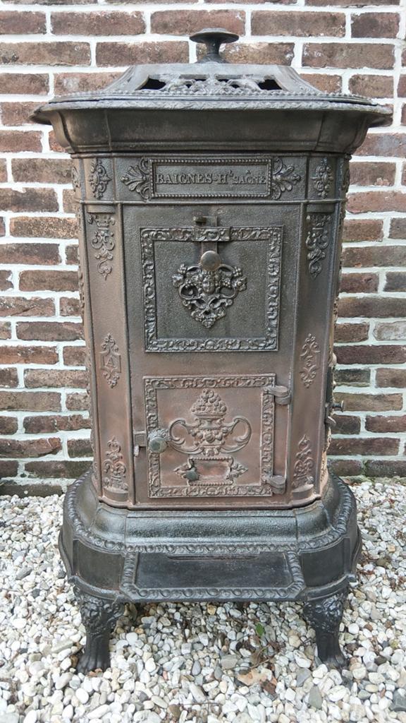 Antieke Franse gietijzeren houtkachel, Huis en Inrichting, Ophalen, Gebruikt, Hout, Houtkachel