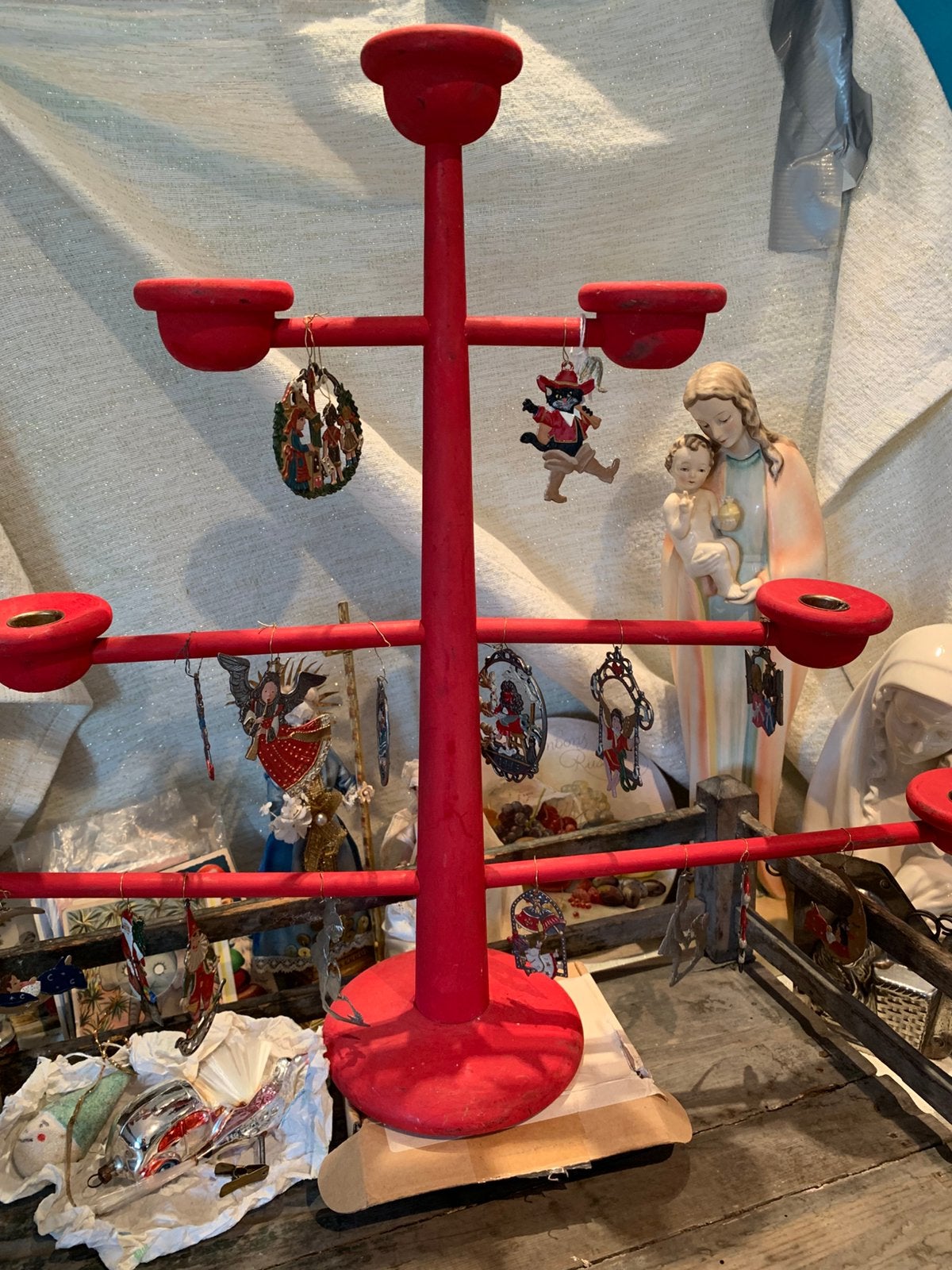 Rode Advent Kandelaar met Tinnen Kersthangers, Gebruikt, T, Ophalen of Verzenden, Klassiek
