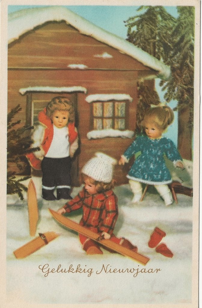 Käthe Kruse poppen gaan skiën  -  gelukkig nieuwjaar, Ophalen of Verzenden, 1940 tot 1960, Ongelopen, Overige thema's