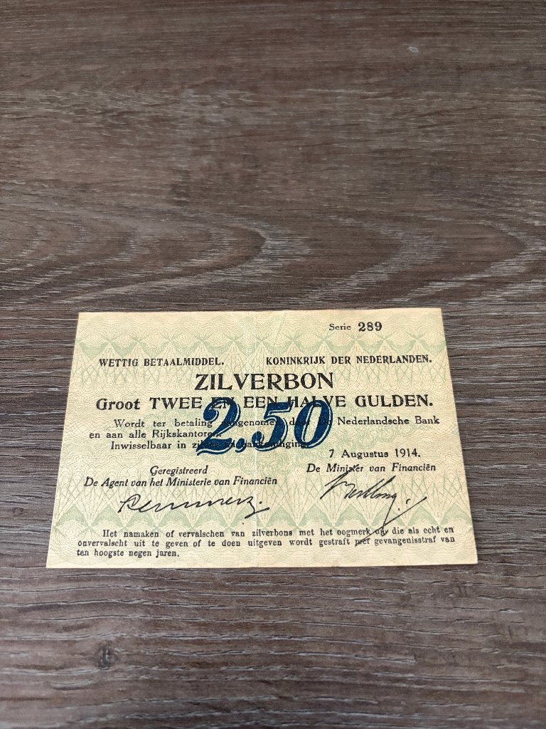 Zeldzaam biljet 2,5 gulden zilverbon, 1914, Postzegels en Munten, Bankbiljetten | Nederland, Ophalen of Verzenden, 1 gulden
