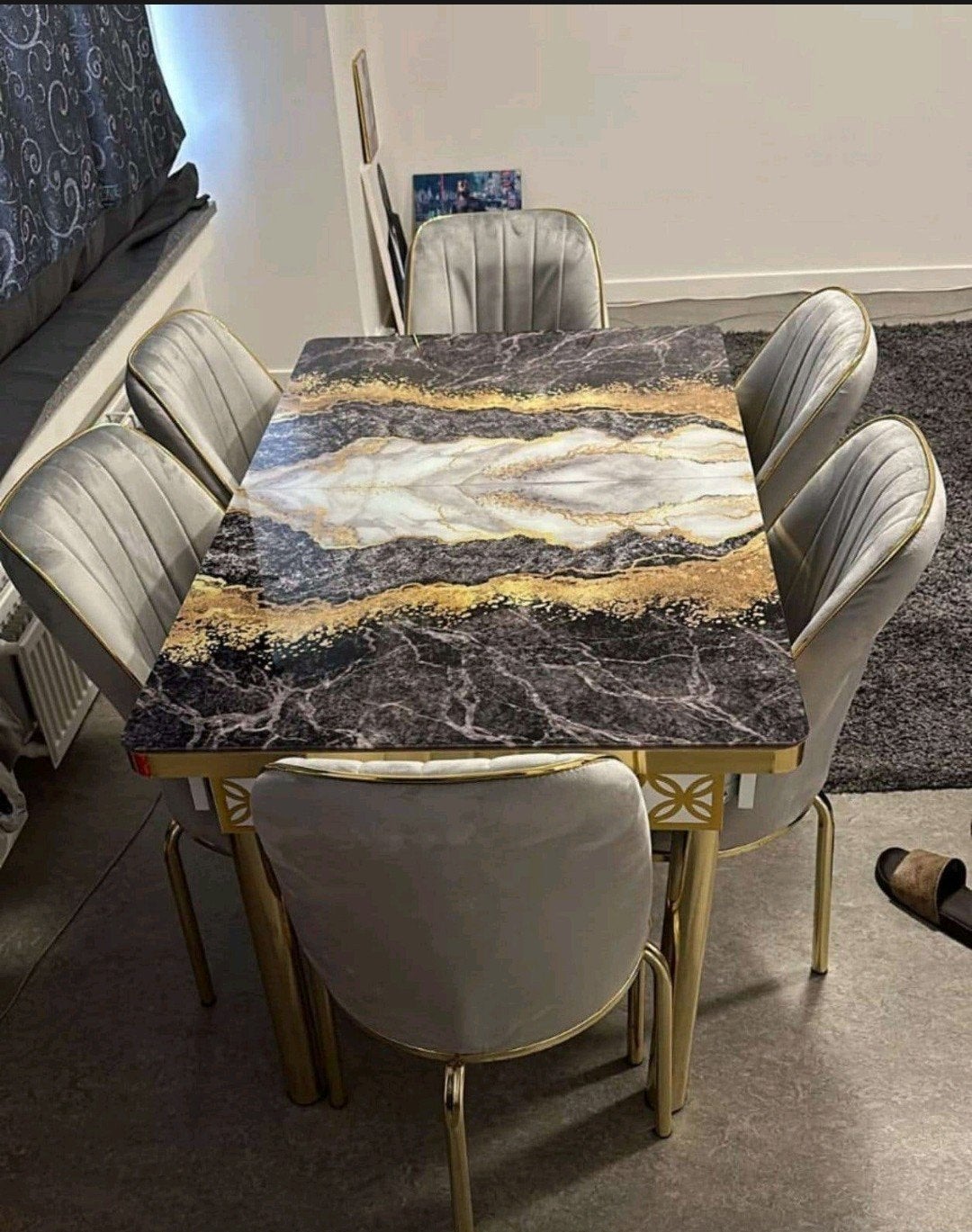 Luxe 6-persoons marmer & goud eettafelset - Moderne fluwelen, Huis en Inrichting, Verzenden, Nieuw, Modren, Vijf personen of meer
