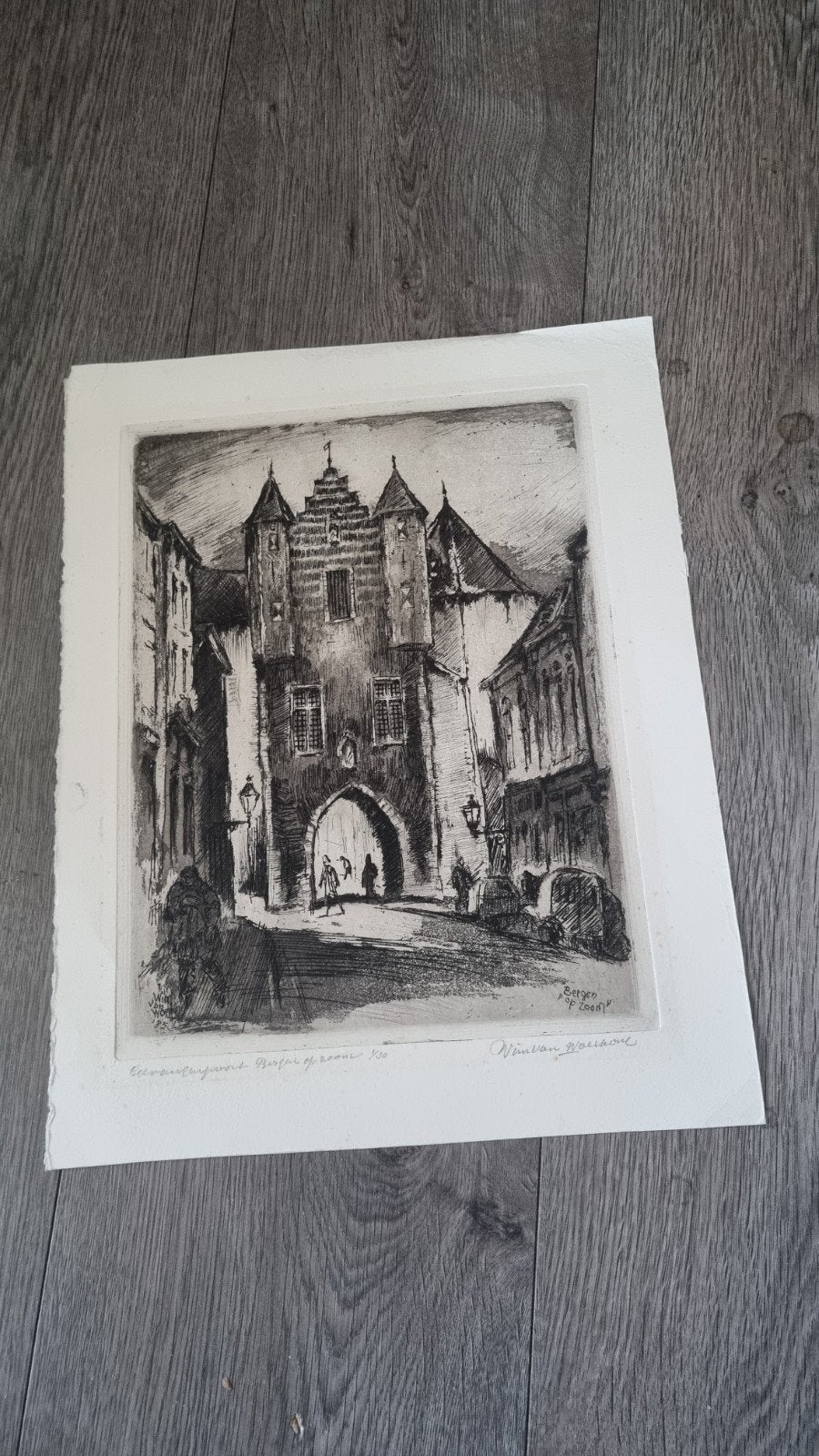 Ets van Bergen op Zoom, gesigneerd Wim van Woerkom, Antiek en Kunst, Kunst | Etsen en Gravures, Ophalen of Verzenden