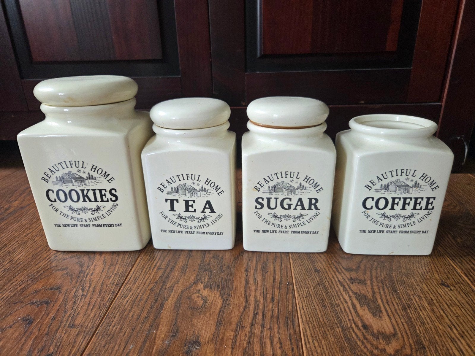 Vintage Voorraadpotten Set - Koffie, Thee, Suiker, Koekjes, Ophalen, Gebruikt, Voorraadpot, Steen/keramiek