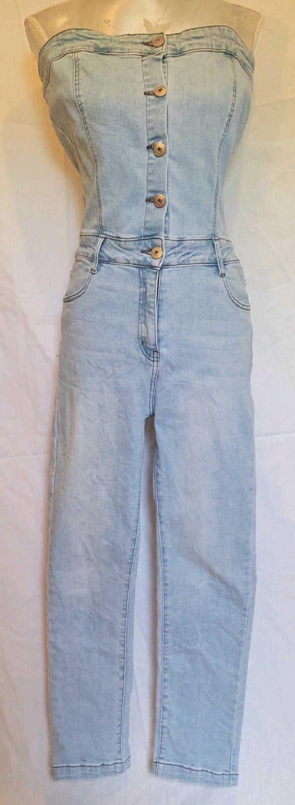 Broekpak Jeans, strapples. Maat 42., Kleding | Dames, Jumpsuits, Blauw, Hello Miss Denim., Maat 42/44 (L), Ophalen of Verzenden