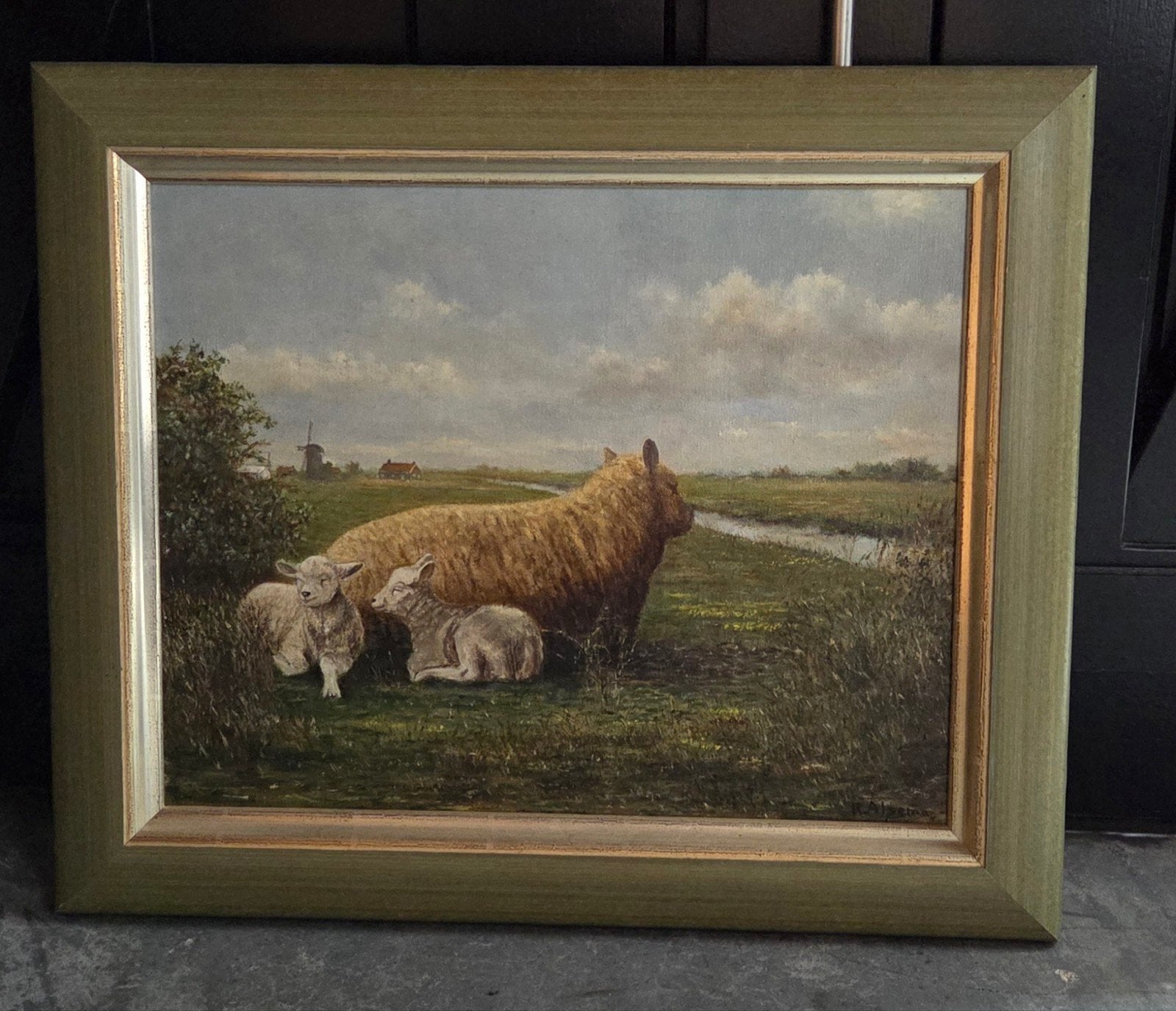 Mooi schapen schilderij molen landschap op doek Gesigneerd!, Ophalen of Verzenden