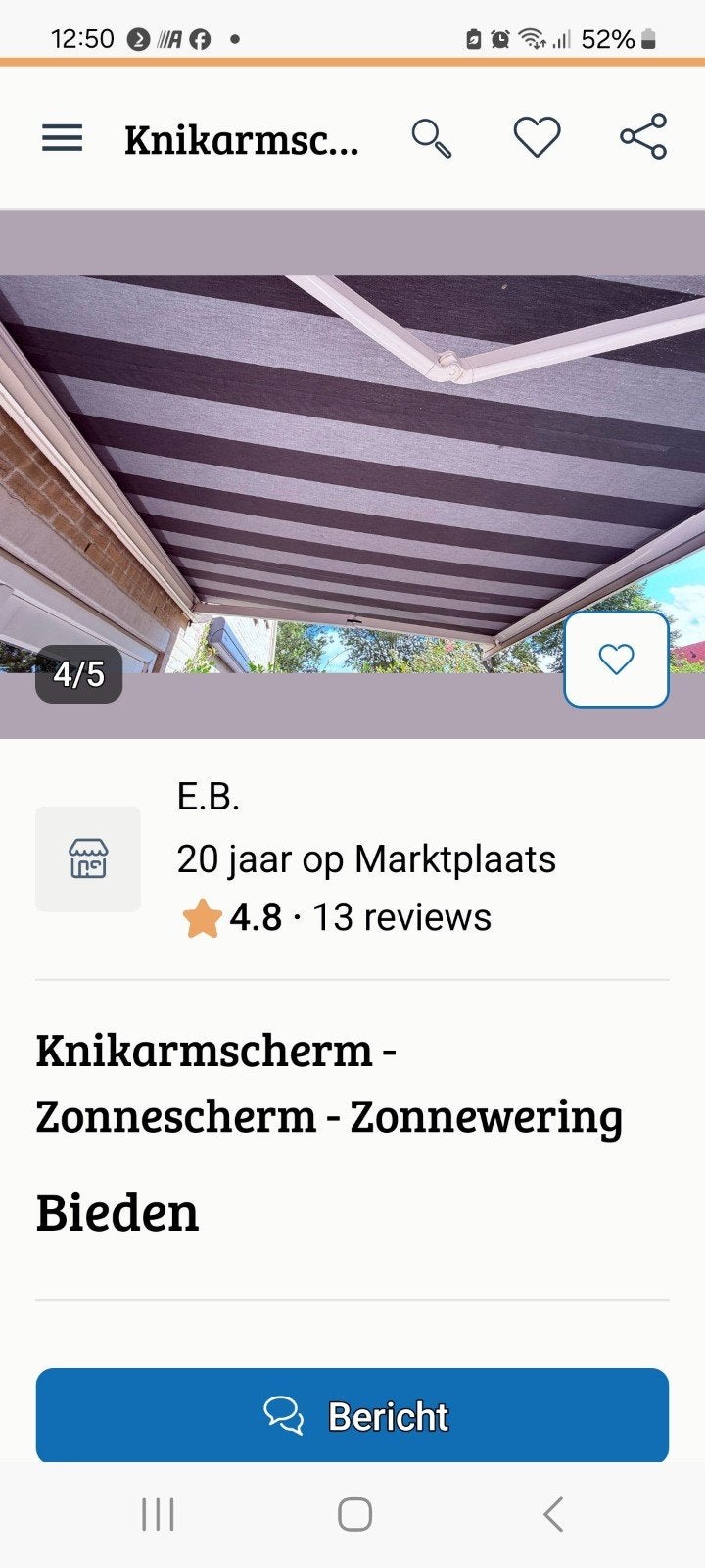 Electrische knikarm zonnescherm, Tuin en Terras, Ophalen, 450 cm of meer, Zo goed als nieuw, Knikarmscherm