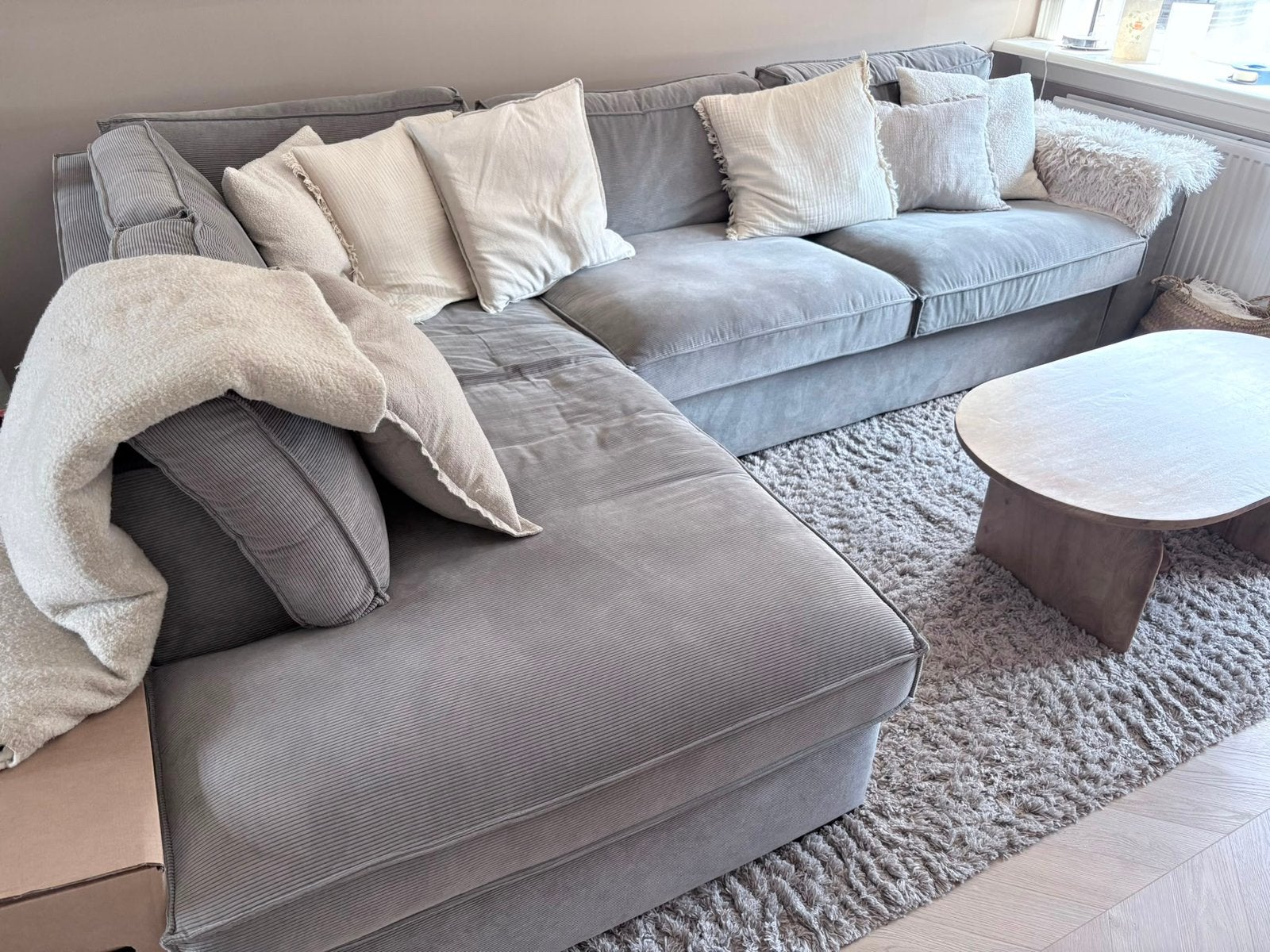 Ribstof hoekbank Woood, Huis en Inrichting, Banken | Complete zithoeken, Ophalen, Gebruikt