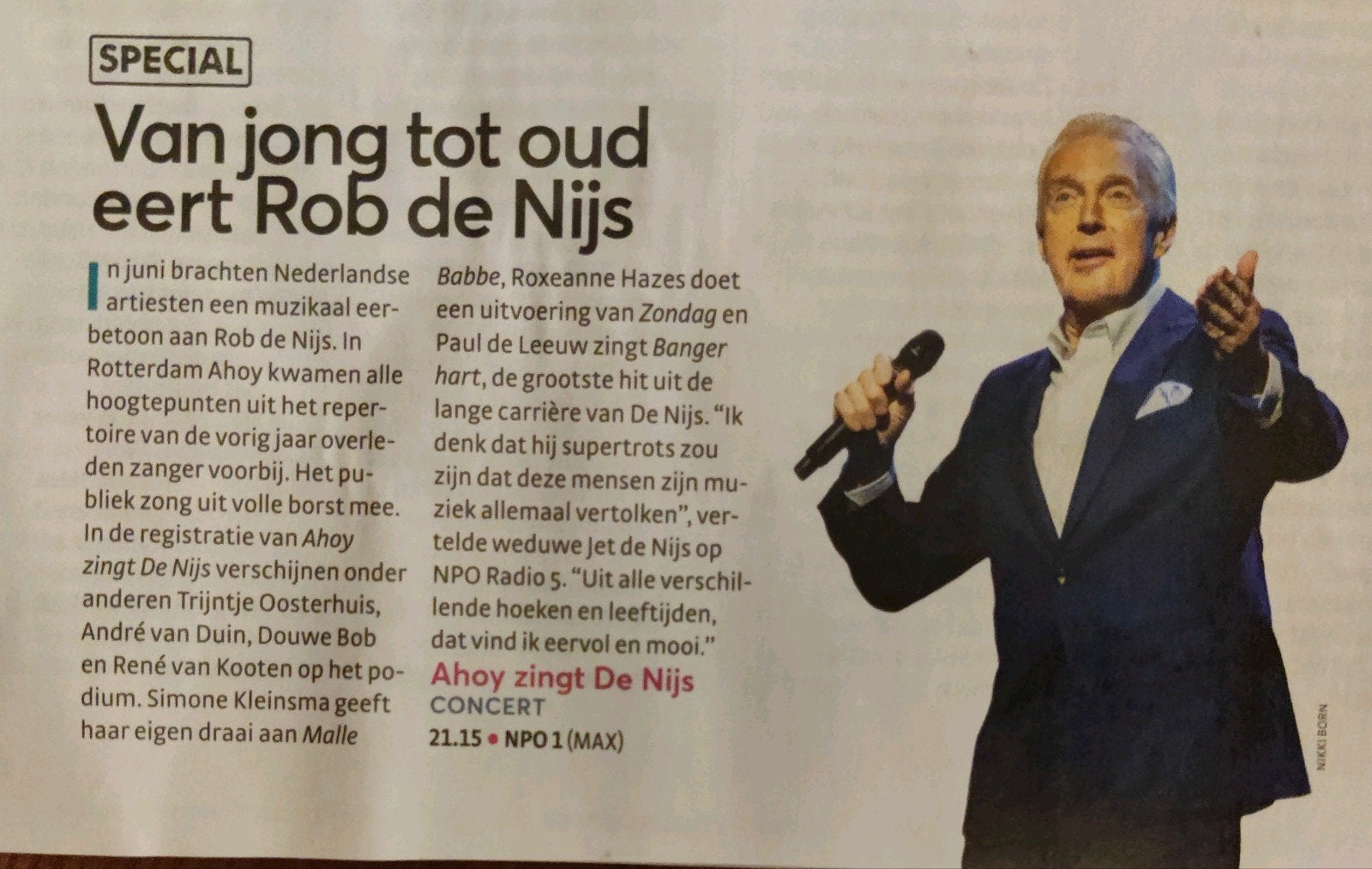 Van jong tot oud eert Rob de Nijs met oa Andre van Duin, Verzamelen, Ophalen of Verzenden, 1980 tot heden, Nederland, Knipsel(s)