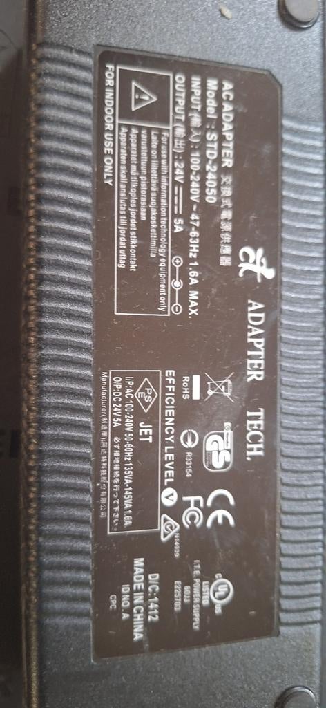 AC Adapter Tech. STD-24050 24V 5A Voeding, Computers en Software, Pc- en Netwerkkabels, Ophalen of Verzenden