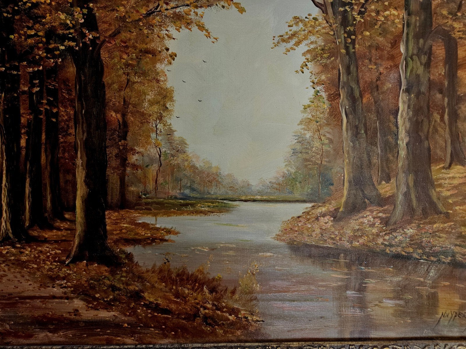 Groot Landschap Schilderij - Herfsttafereel aan het Water, Antiek en Kunst, Kunst | Schilderijen | Klassiek, Ophalen