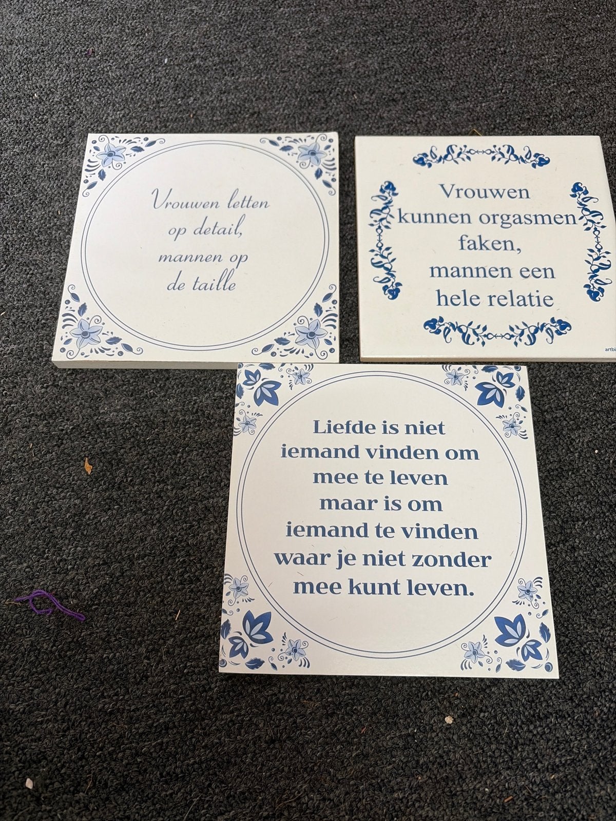 Set van 3 Delfts Blauw Tegels met Spreuken, Ophalen of Verzenden