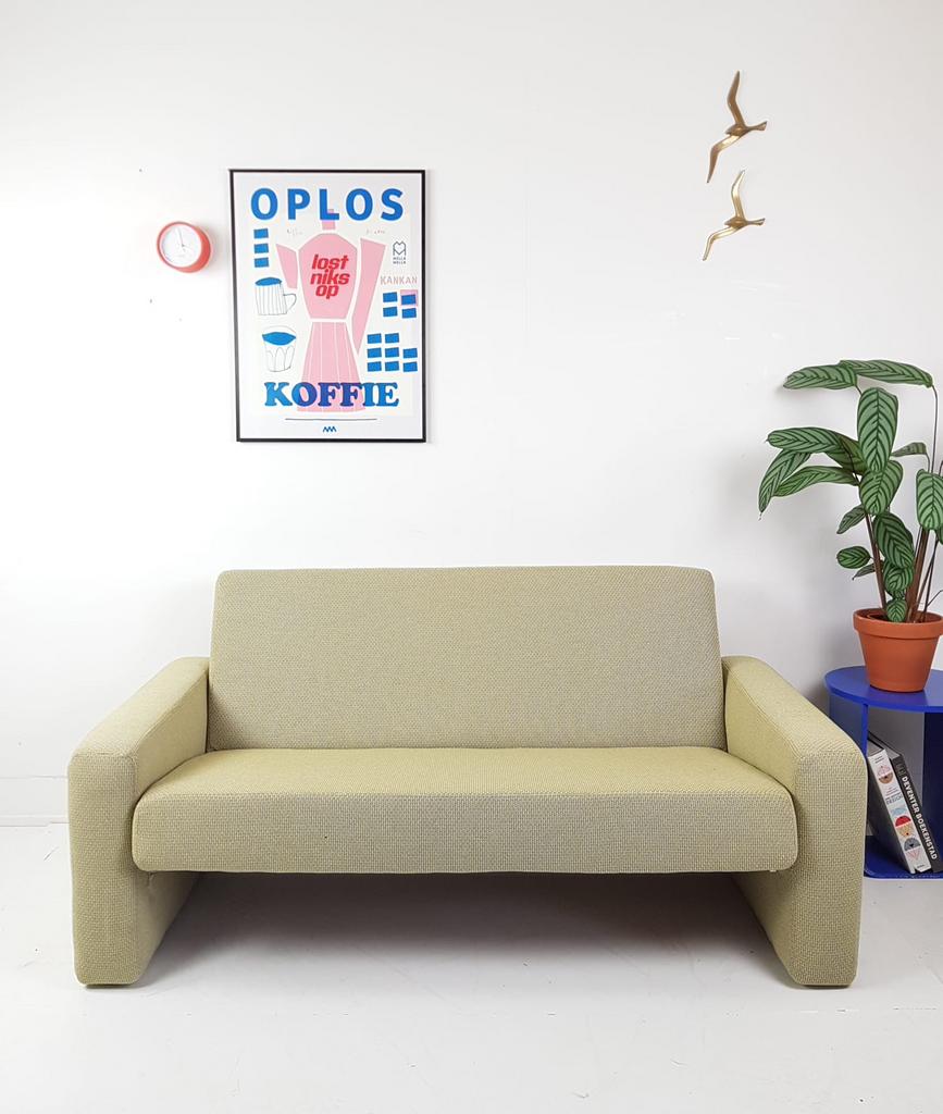 Vintage gelderland bankje gele ploegstof gemeleerd grijs, Modern vintage, ., Tweepersoons, 75 tot 100 cm