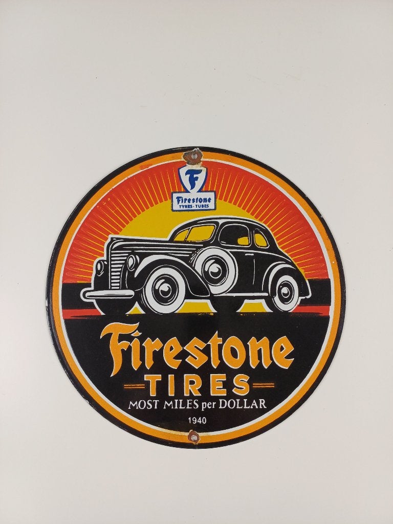 Emaille reclame FIRESTONE Tires-Tubes 1940 reclamebord USA, Verzenden, Gebruikt, Reclamebord