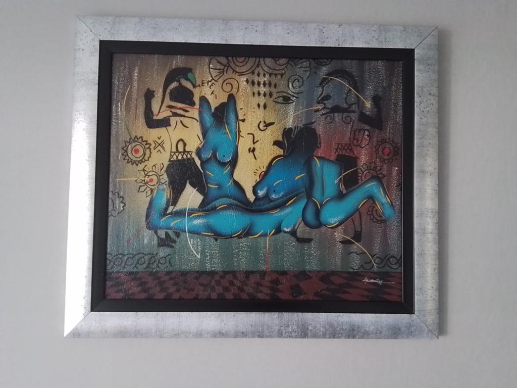 Schilderij van Haventy - Abstracte figuren in blauw, Ophalen of Verzenden