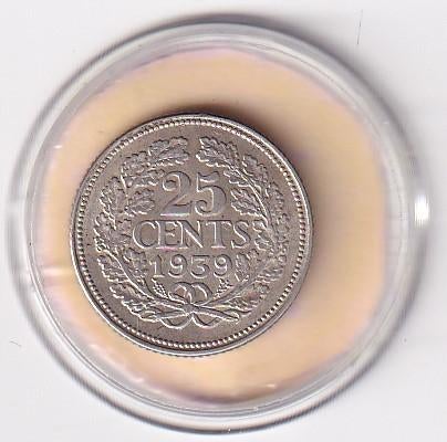 25 Cent 1939 met tikje in de rand, Postzegels en Munten, Munten | Nederland, Verzenden, Zilver, 25 cent, Koningin Wilhelmina