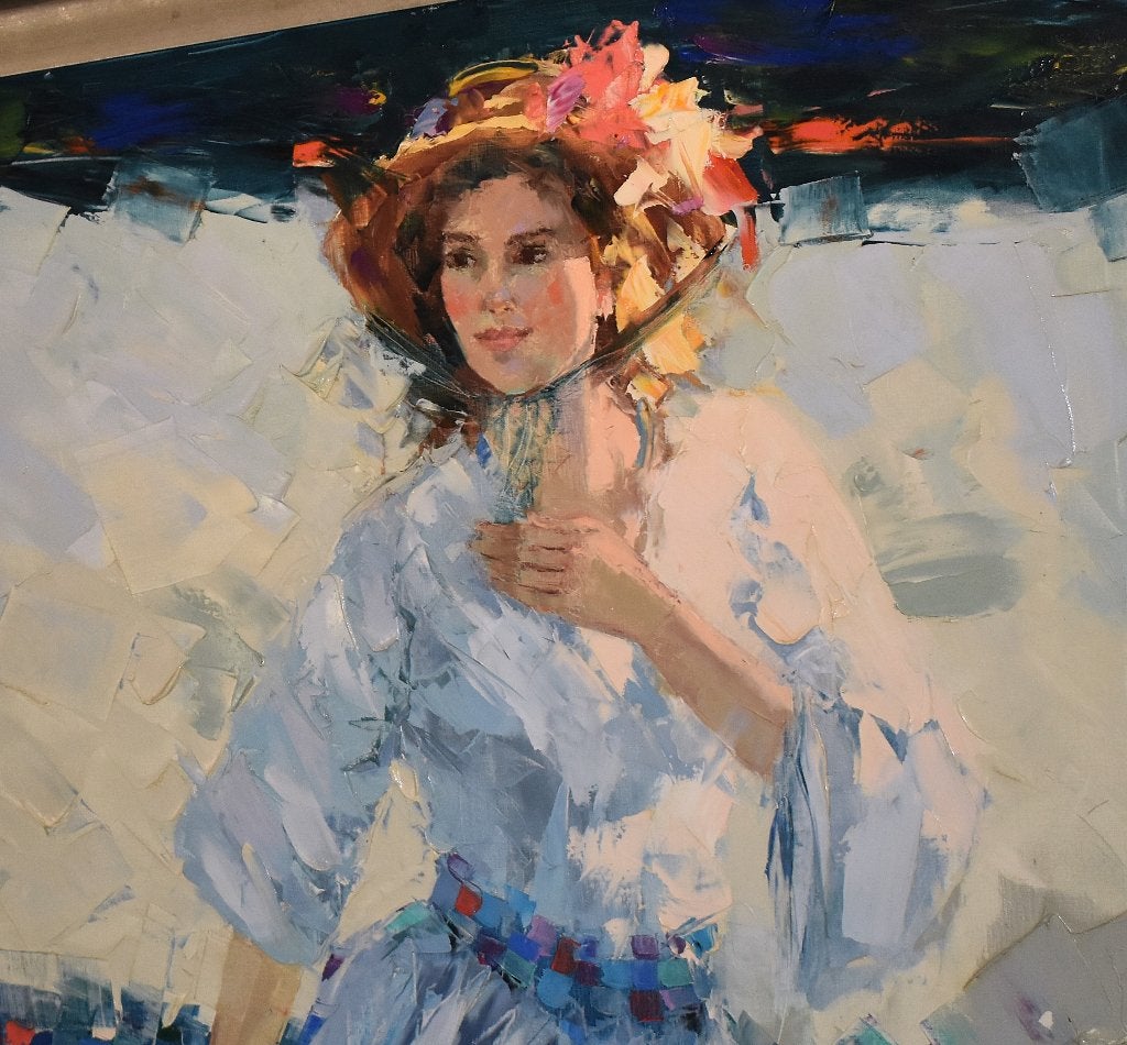 Louis van der Beesen,schilderij van een dame in zomerse jurk, Ophalen, Doek, Portret of Personen, Olieverf
