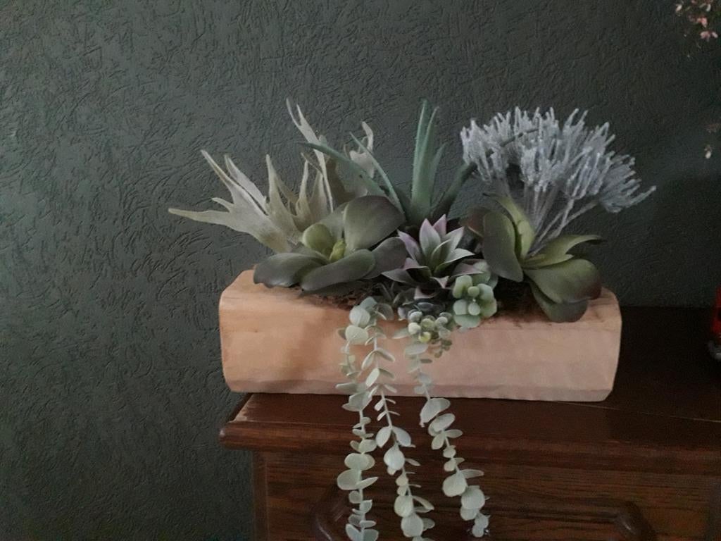 Kunstplant in houten bak - Decoratieve vetplanten, Groen, Kunstplant, Nieuw, Ophalen of Verzenden