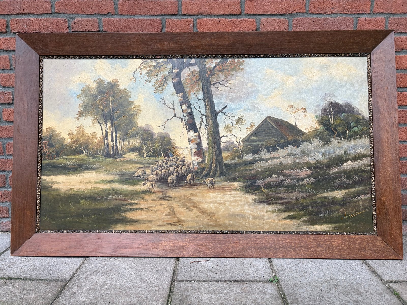 Groot olieverf schilderij: 1930 Schaapskudde in eiken lijst, Antiek en Kunst, Ophalen, Doek, Realistisch, Gesigneerd