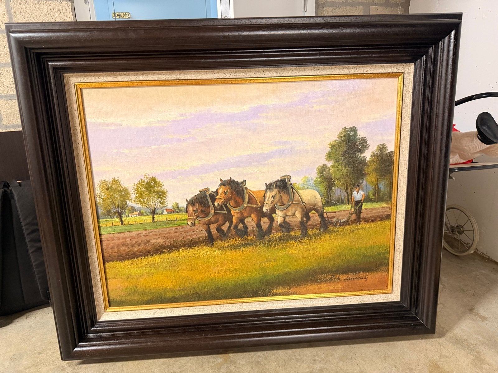 Oud schilderij ploegende paarden, 110x90cm, perfecte staat, Antiek en Kunst, Kunst | Schilderijen | Klassiek, Ophalen, Doek, Gesigneerd