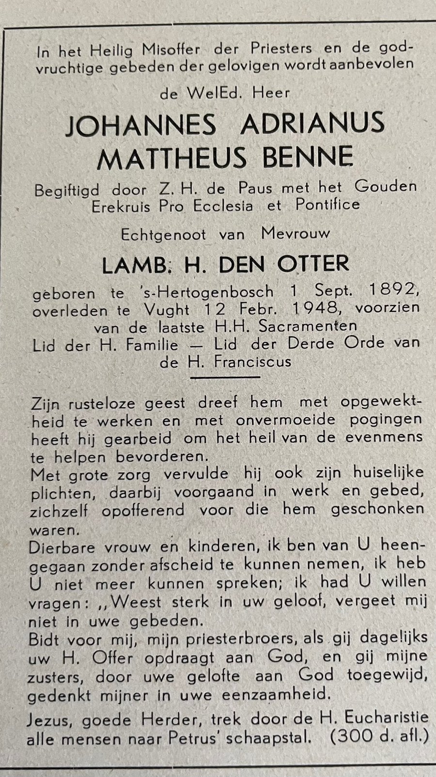 Johannes Adrianus Mattheus Benne 1892 Den Bosch, Ophalen of Verzenden