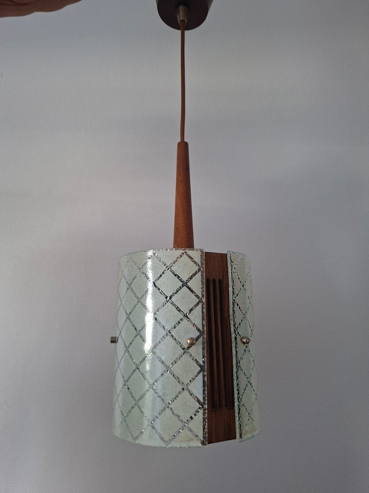 Vintage Mid-Century Hanglamp ‘Meerhoven’ – Teak & Glas – Jar, Ophalen, Gebruikt, Glas
